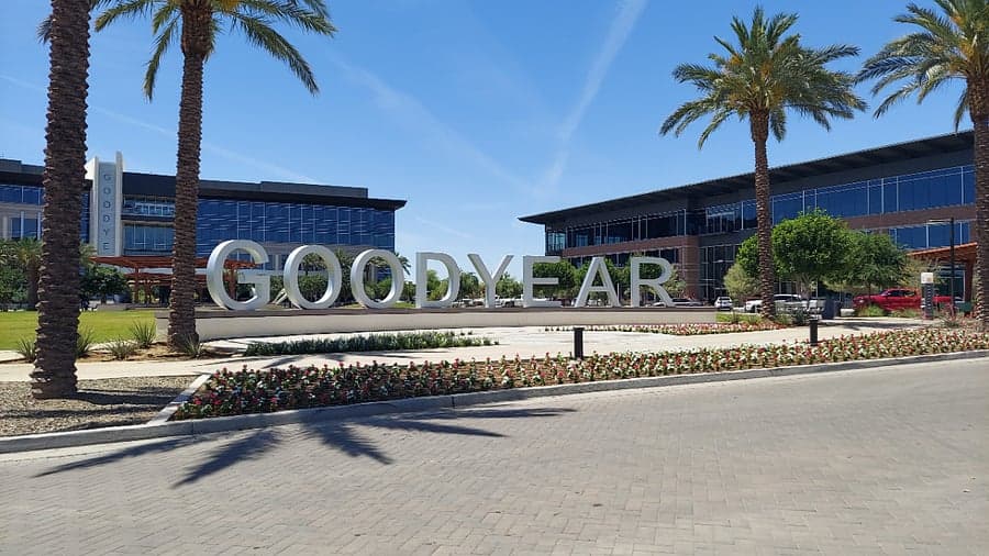Goodyear, Arizona civic center sign with palm trees